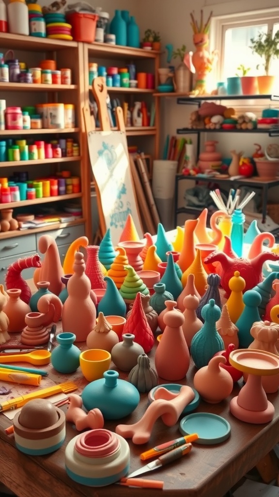 A creative workspace with colorful clay art projects and tools.